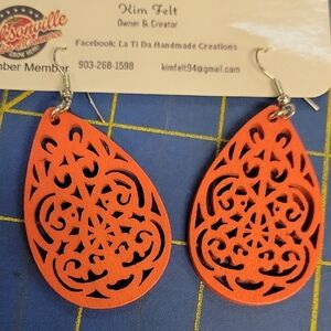 Reddish Orange Wood Teardrop 2" Earrings